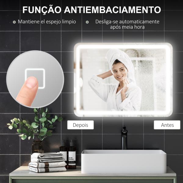 Espelho Casa de Banho com Luzes LED 60x80 cm Função Antiembaciamento 3 Temperaturas de Cor Ajustável e Função de Memória