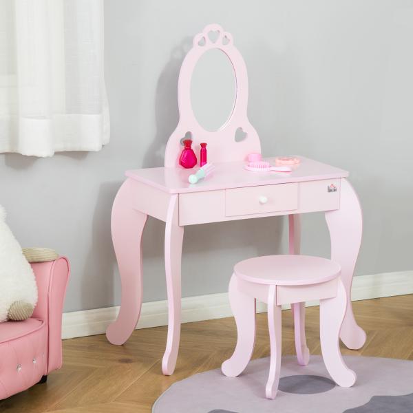 Toucador Infantil com Banco e Espelho Estilo Princesa Mesa de Maquilhagem Infantil com Gaveta 60x36x88cm Rosa