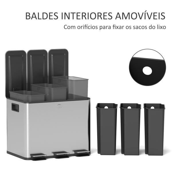Balde de Lixo de Cozinha com 3 Compartimentos 3x10L com Pedais Tampas com Fechamento Suave e Cubo Amovível 49,6x34,5x38,6 cm Prata