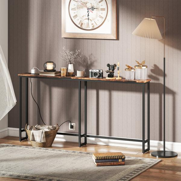 Mesa de Consola Estreita Consola com Estação de Carga Estrutura de Aço Estilo Industrial para 160x20x80 cm Marrom Rústico