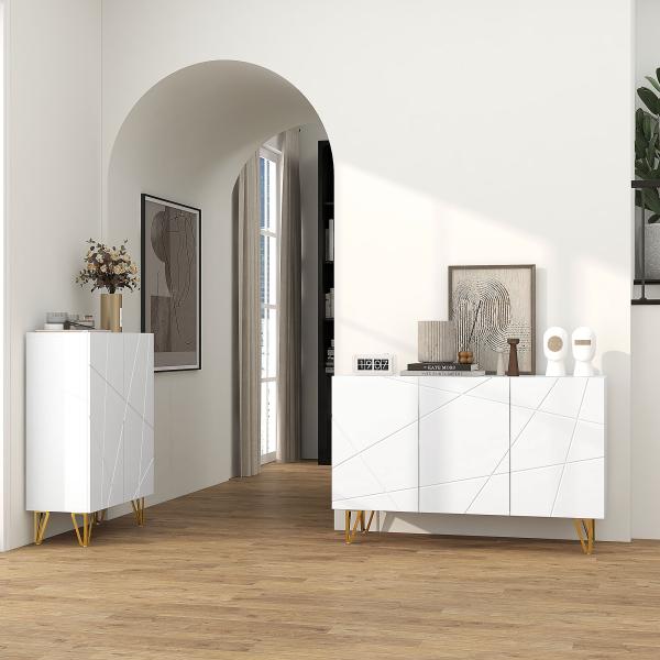 Aparador para Sala Aparador de Entrada com 3 Portas e Prateleiras Ajustáveis para Cozinha Sala 120x40x75 cm Branco Brilhante