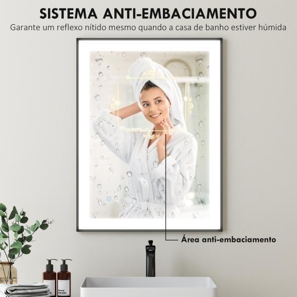 Espelho Casa de Banho com Luz LED 80x60 cm Iluminação Ajustável Função Anti - Embaciamento Função Memória Preto