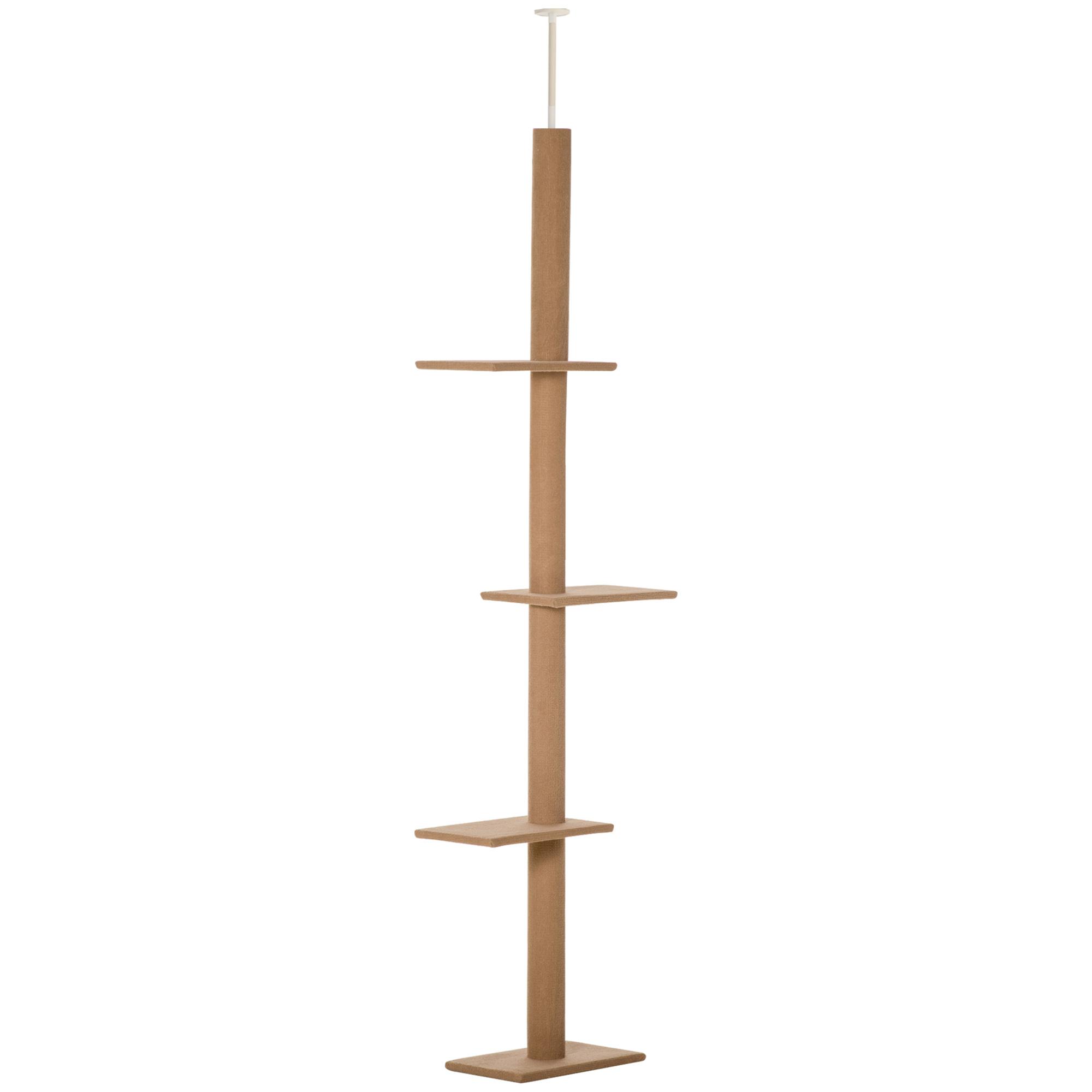 Arranhador para Gatos de Chão ao Teto Ajustável com 4 Plataformas e Poste 43x27x228 - 260 cm Castanho Claro