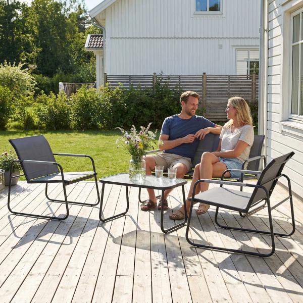 Conjunto de Jardim Exterior com 1 Sofá de 2 Lugares 2 Poltronas e Mesa com Tampo de Vidro Temperado Textilene Respirável Cinzento