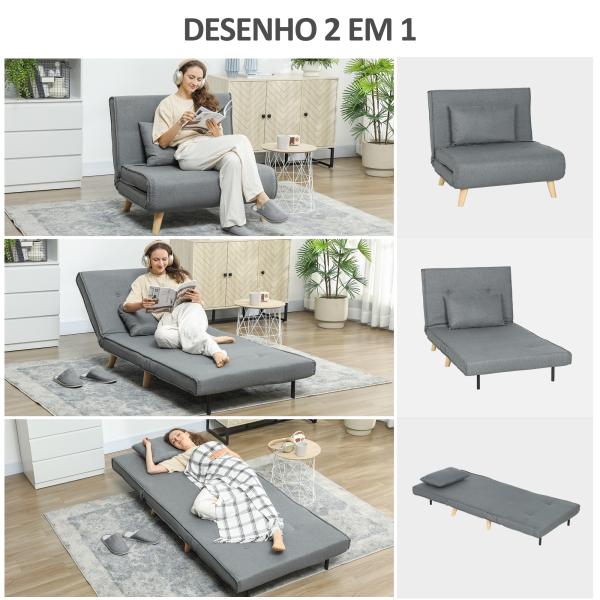 Poltrona 2 em 1 Sofá Cama Individual Dobrável com Encosto Ajustável e Almofada Carga 125 kg 90x78x79 cm Cinza