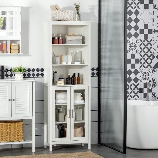 Armário Alto de Casa de Banho com 2 Portas de Vidro e 3 Prateleiras Armário Auxiliar Estilo Moderno 53x30x162cm Branco