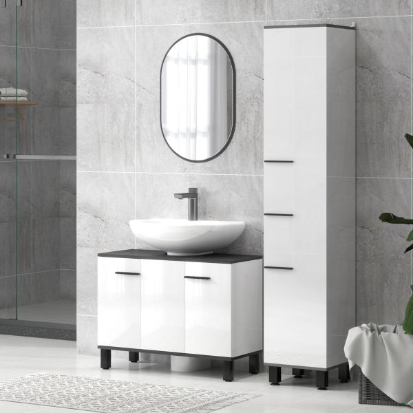 Móvel para Lavatório Pousar Móvel Casa de Banho com 2 Portas e Prateleira Ajustável para Lavatório com ou sem Pedestral 80x34x60 cm Branco Brilhante