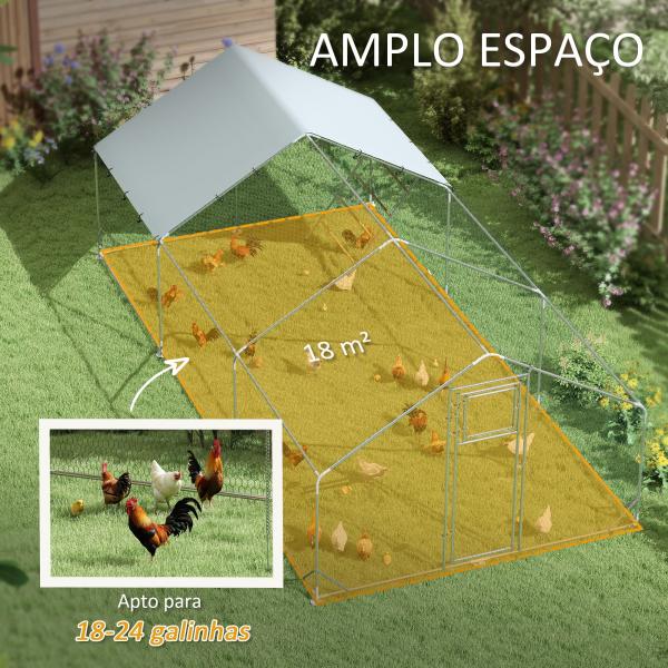 Galinheiro para Exterior 3x6 m Galinheiro de Aço Galvanizado com Comedouro Suspenso Tipo Espeto Poleiro Anti - UV Prata