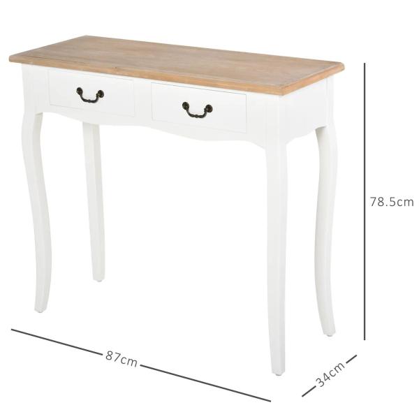 Mesa Consola Mesa Auxiliar com 2 Gavetas para Entrada Corredor Sala de Estar 87x34x78,5cm Branco e Madeira