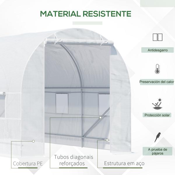 Estufa tipo Túnel 445x200x200 cm com Porta Enrolável e 6 Janelas Cobertura de PE 140 g/m² Anti - UV Branco