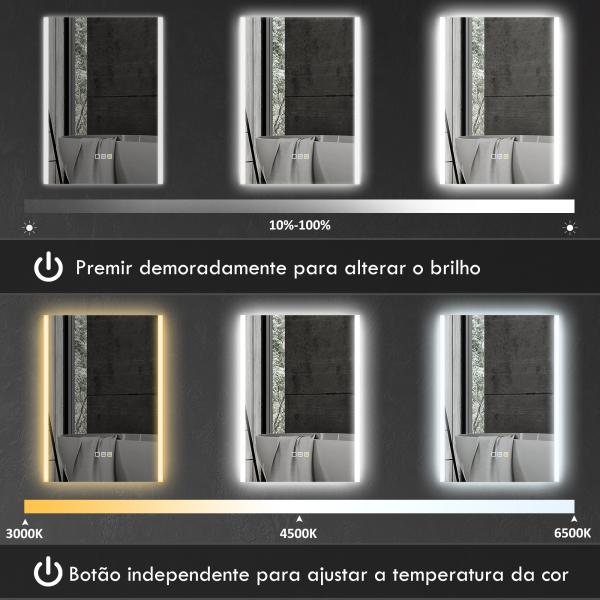 Espelho de Casa de Banho com Luz LED 70x50 cm 3 Cores de Luz Função Antiembaciamento Função de Memória IP44 Prata