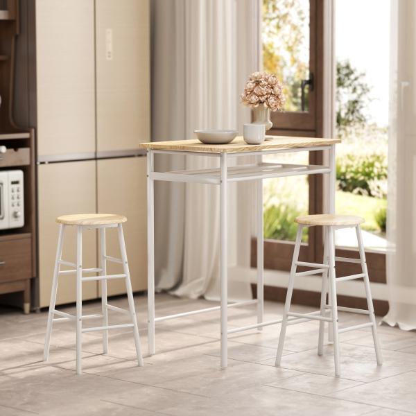 Conjunto de Móvel Bar com Mesa Alta e 2 Bancos com Prateleira de Armazenamento e Estrutura de Metal 80x50x90cm Branco e Madeira