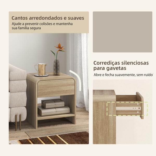 Conjunto de 2 Mesas de Cabeceira Nórdicas com Cantos Arredondados Gaveta e Prateleira Aberta 40x35x45 cm Madeira