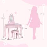 Toucador Infantil com Banco e Espelho Estilo Princesa Mesa de Maquilhagem Infantil com Gaveta 60x36x88cm Rosa