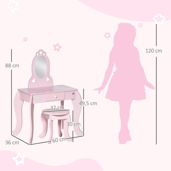 Toucador Infantil com Banco e Espelho Estilo Princesa Mesa de Maquilhagem Infantil com Gaveta 60x36x88cm Rosa