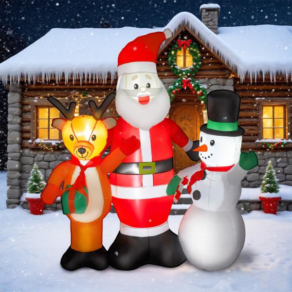 Pai Natal Insuflável com Rena e Boneco de Neve Decoração de Natal Insuflável com Luzes LED 150x45x150 cm Multicor