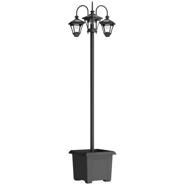 Candeeiro Solar de Jardim com Floreiras 3 Cabeças Impermeável IP44 Ligação/Desligamento Automático e Altura Ajustável 52x52x185 cm Preto