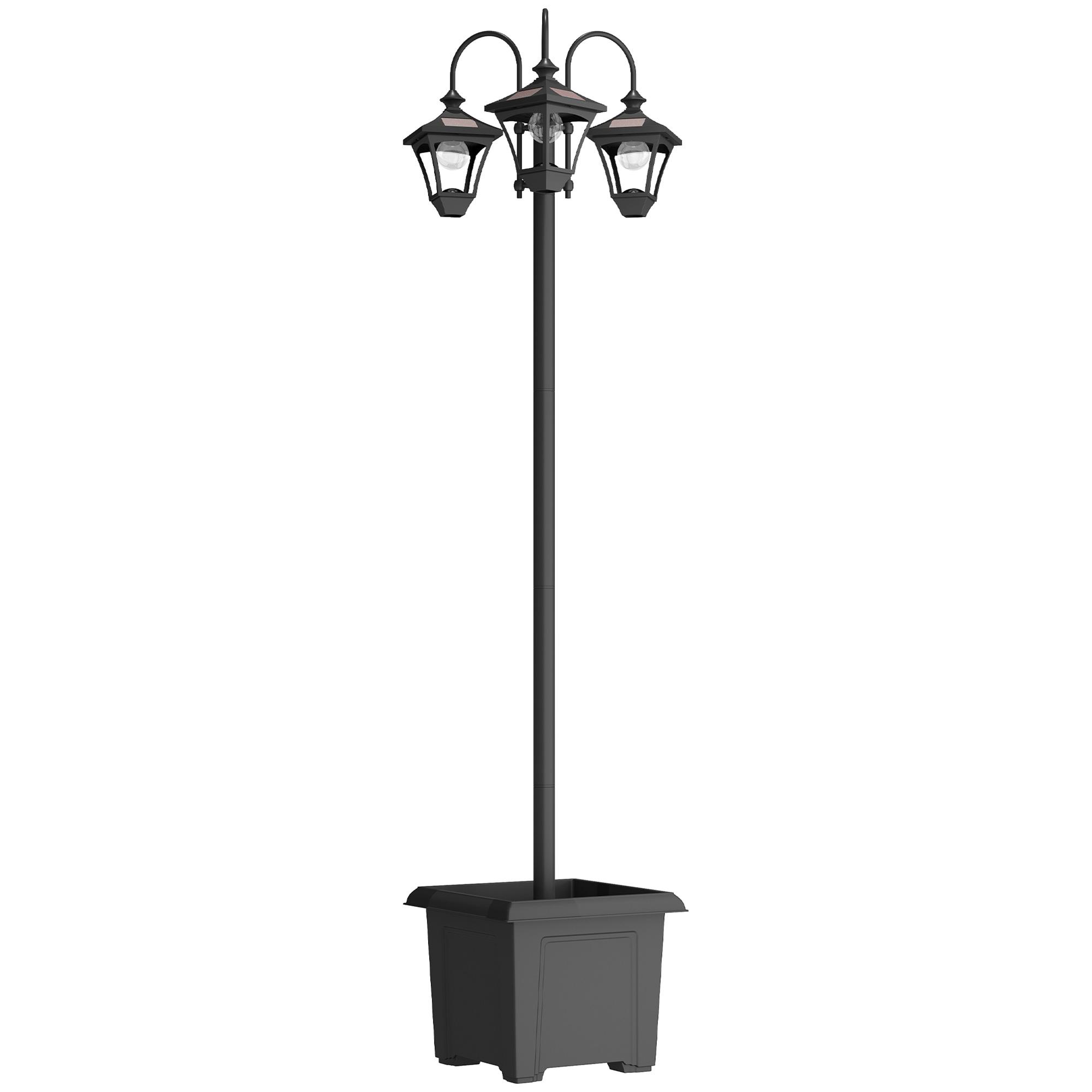 Candeeiro Solar de Jardim com Floreiras 3 Cabeças Impermeável IP44 Ligação/Desligamento Automático e Altura Ajustável 52x52x185 cm Preto