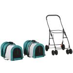 Carrinho Duplo para Cães Gatos Dobrável com 2 Transportadoras Portáteis Cinto de Segurança 66x50x98 cm Turquesa e Cinza