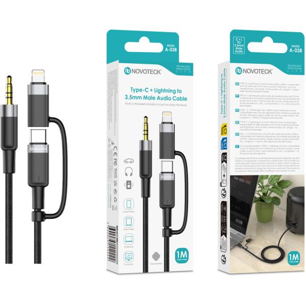 Cabo Áudio 2 em 1 NOVOTECK A - 038 USB - C + Lightning para Jack 3.5mm, 1M para Carro, Colunas e Auscultadores