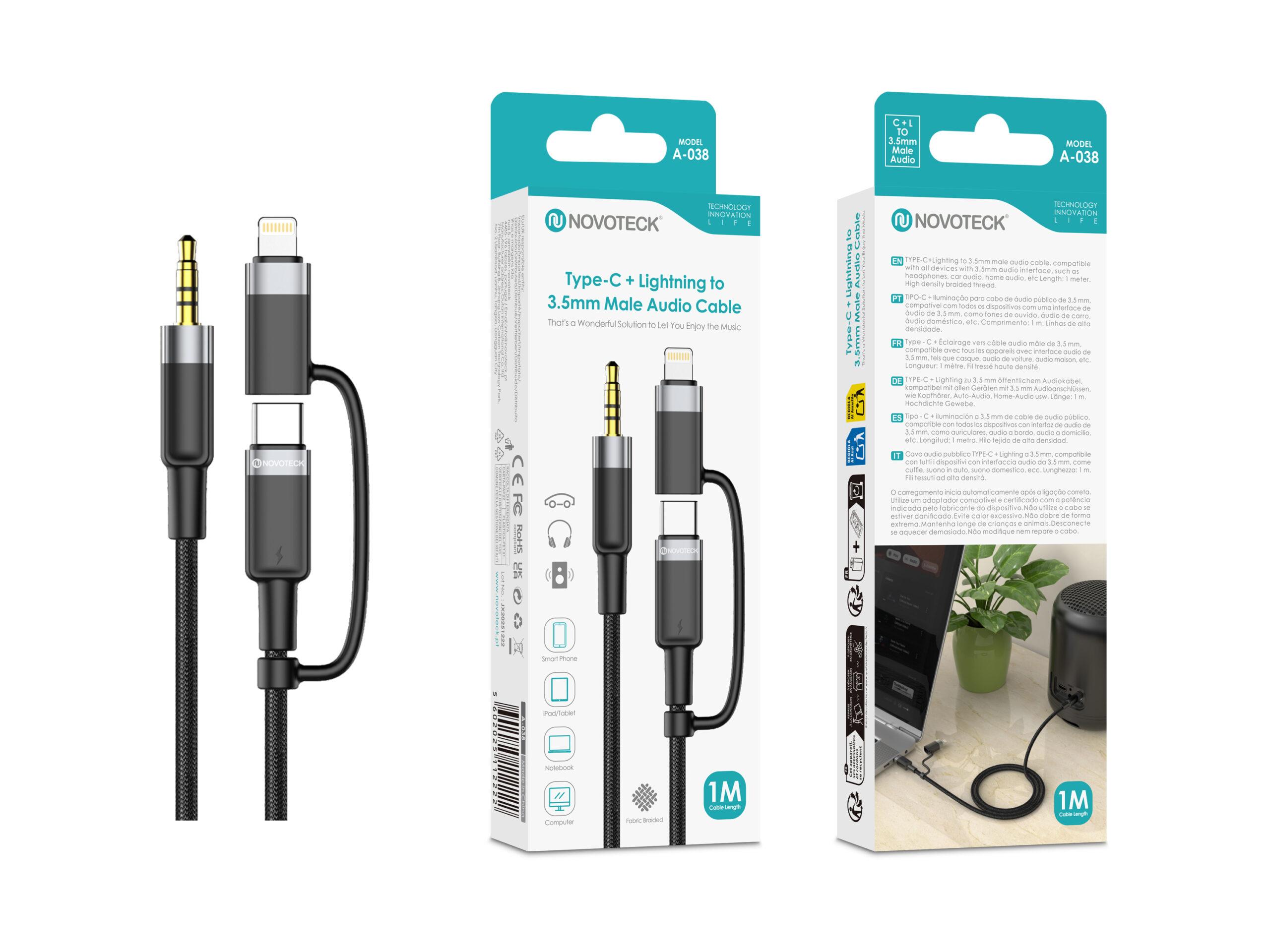 Cabo Áudio 2 em 1 NOVOTECK A - 038 USB - C + Lightning para Jack 3.5mm, 1M para Carro, Colunas e Auscultadores