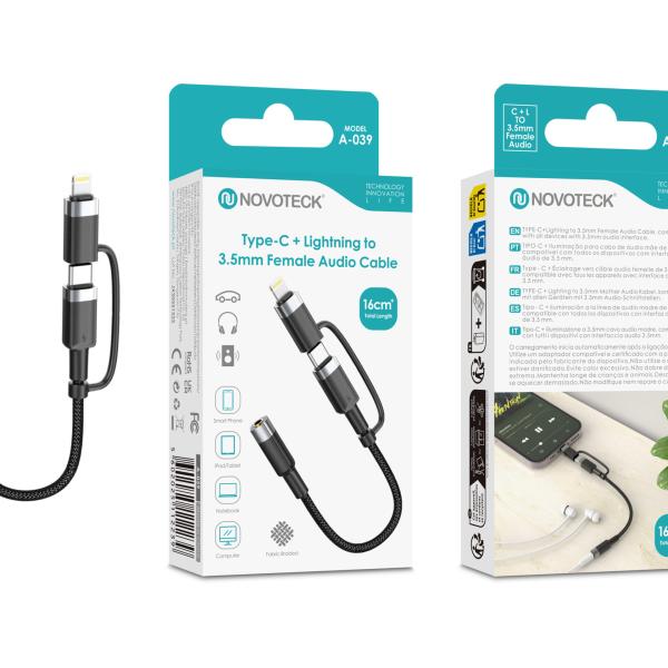 Cabo Adaptador Áudio 2 em 1 NOVOTECK A - 039 USB - C + Lightning para Jack 3.5mm Fêmea, 16cm, para Auscultadores, Colunas e Carro