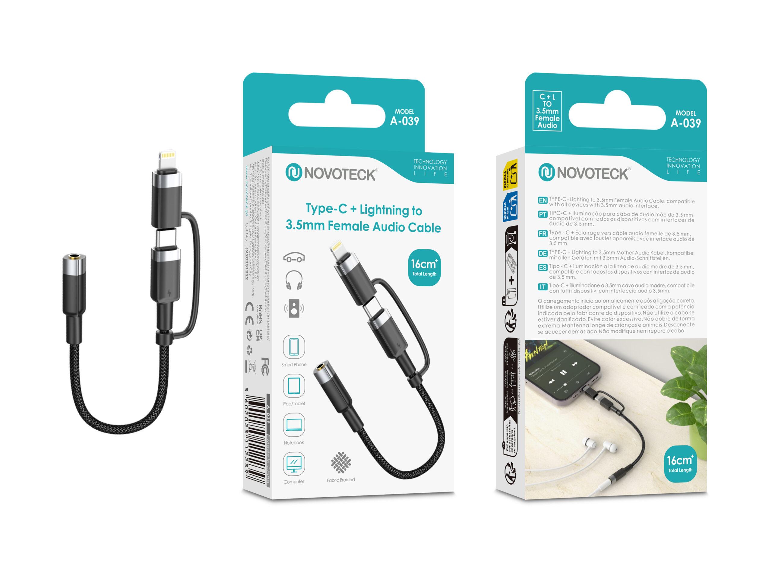 Cabo Adaptador Áudio 2 em 1 NOVOTECK A - 039 USB - C + Lightning para Jack 3.5mm Fêmea, 16cm, para Auscultadores, Colunas e Carro