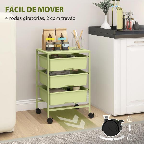 Carrinho Auxiliar com Rodas Carrinho de Cozinha de 3 Níveis com 3 Cestos e Estrutura de Aço 40,8x33,5x60,5 cm Verde