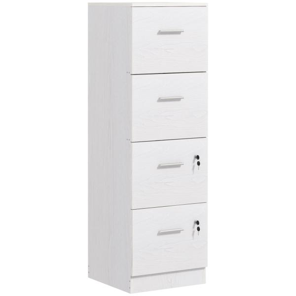 Gaveteiro de Escritório com 4 Gavetas Fechadura e Suportes Ajustáveis para Documentos A4 e Letter Branco 40x42x130,8 cm Branco