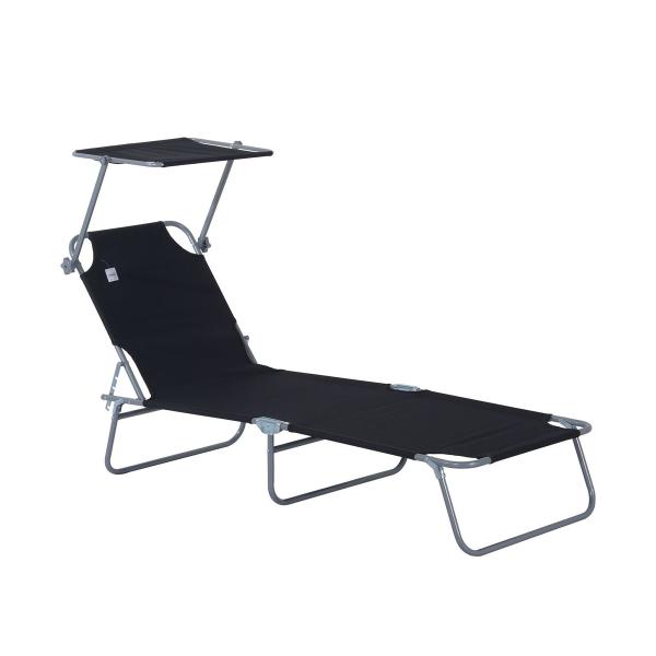 Espreguiçadeira de Jardim Dobrável com Toldo Removível e Ajustável em Ângulo e Encosto Ajustável em 4 Posições para Jardim Terraço Campismo Exterior 187x58x36cm Preto
