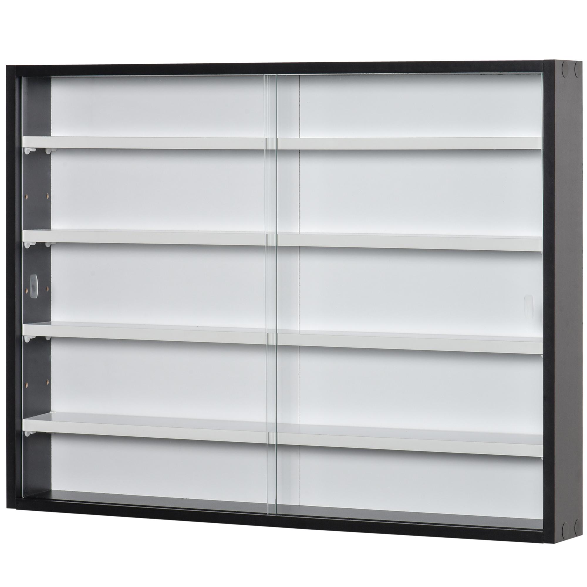 Vitrine de Parede de Madeira com Prateleiras Ajustáveis e 2 Portas Corredeiras de Vidro para Coleções Perfumes Bonecos de Decoração 80x9,5x60cm Preto