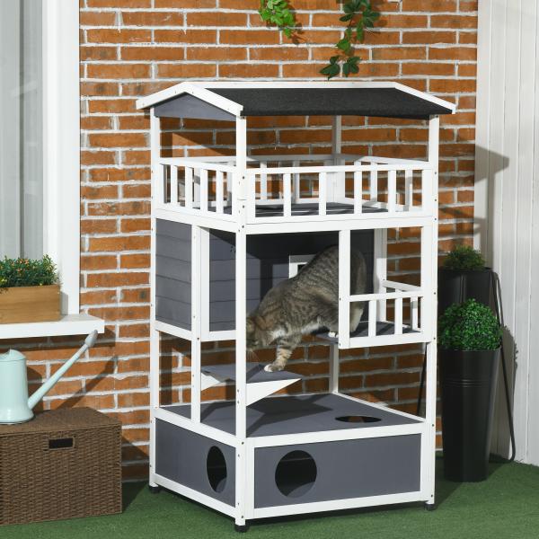 Casa para Gatos Caseta de madeira em abeto com espaço amplo com 4 pisos e espaço destacável para areia 75,5x75x137 cm
