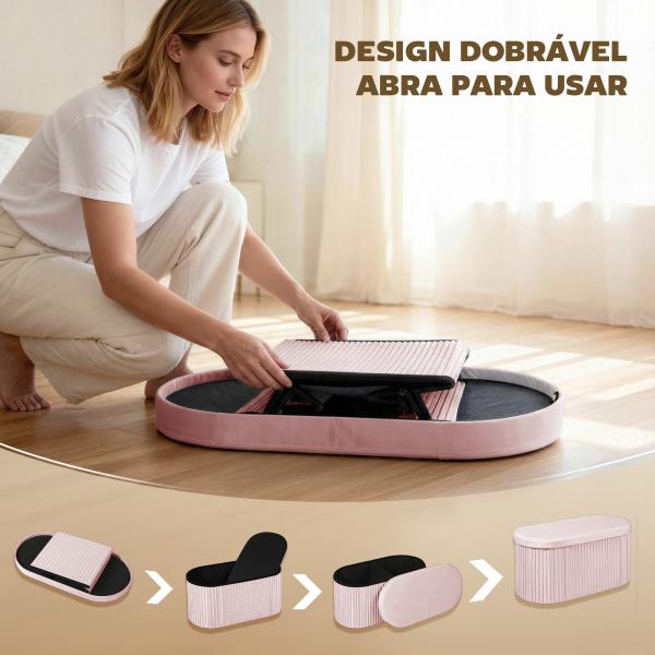 Puff de Arrumação Banco de Arrumação Dobrável 72 L 76x38x35 cm Estofado em Veludo Baú de Armazenamento Rosa