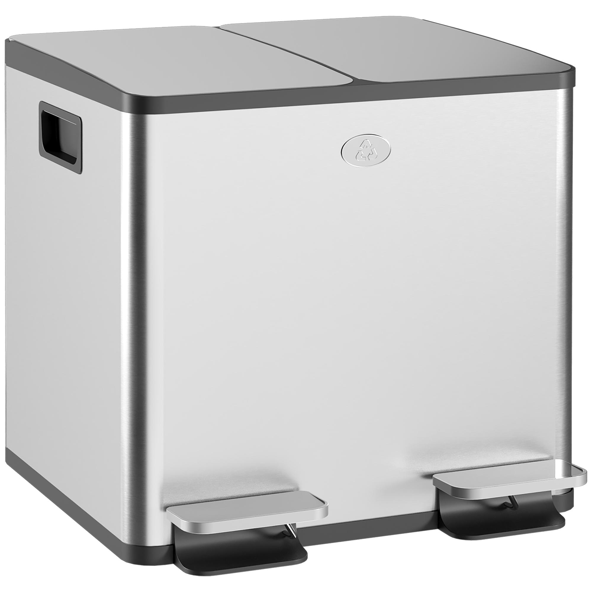 Balde de Lixo de Cozinha com 2 Compartimentos 2x15L Pedal Tampa de Fechamento Suave e Cubo Amovível Prata