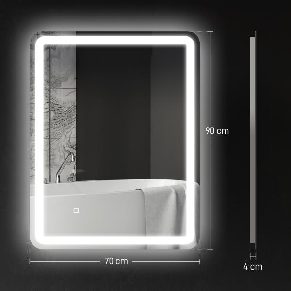 Espelho Casa de Banho com Luzes LED 70x90 cm Função Antiembaciamento 3 Temperaturas de Cor Ajustável e Função de Memória Prata