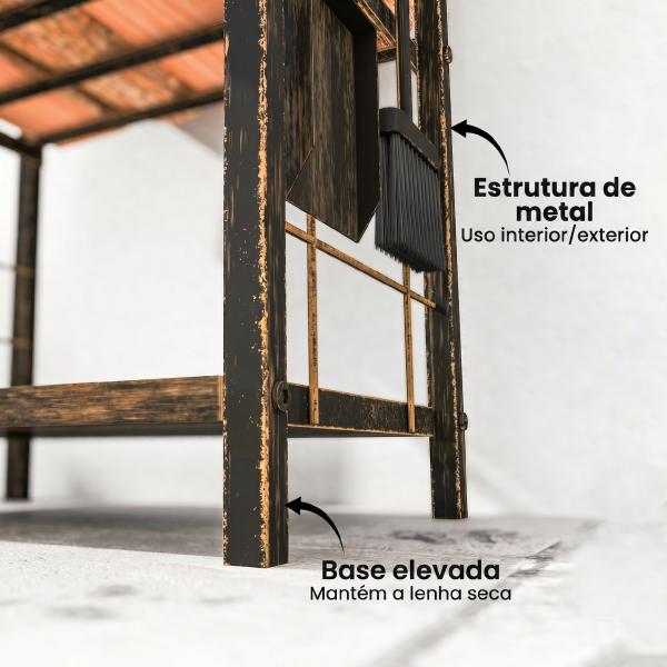 Porta - Lenha Metálico de 2 Níveis com 4 Ferramentas para Lareira e Ganchos 43x30x74 cm Castanho Escuro