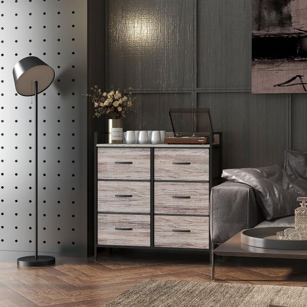 Cómoda com 6 Gavetas Dobráveis de Tecido Estrutura de Aço e Estilo Industrial 79x29x85 cm Cinzento