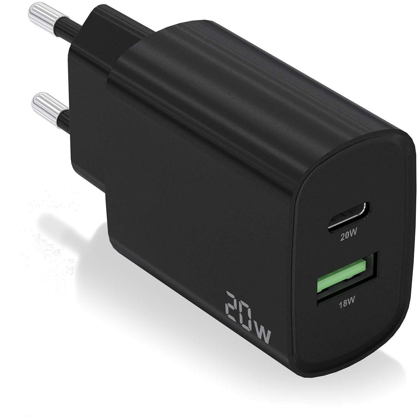 Carregador 20W 1x USB - C PD3.0 1x USB - A QC3.0 (Preto) - AISENS