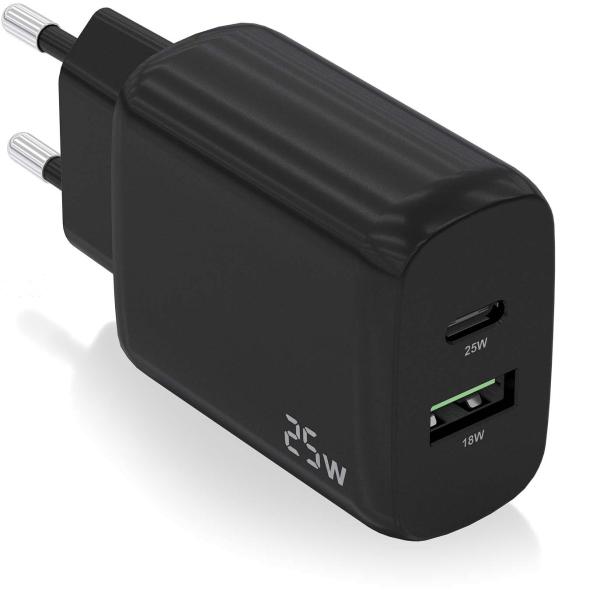 Carregador 25W 1xUSB - C PD3.0, 1xUSB - A QC3.0 (Preto) - AISENS