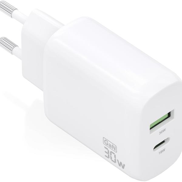 Carregador GaN 30W 1x USB - C PD3.0 QC4.0 1x USB - A QC3 (Branco) - AISENS