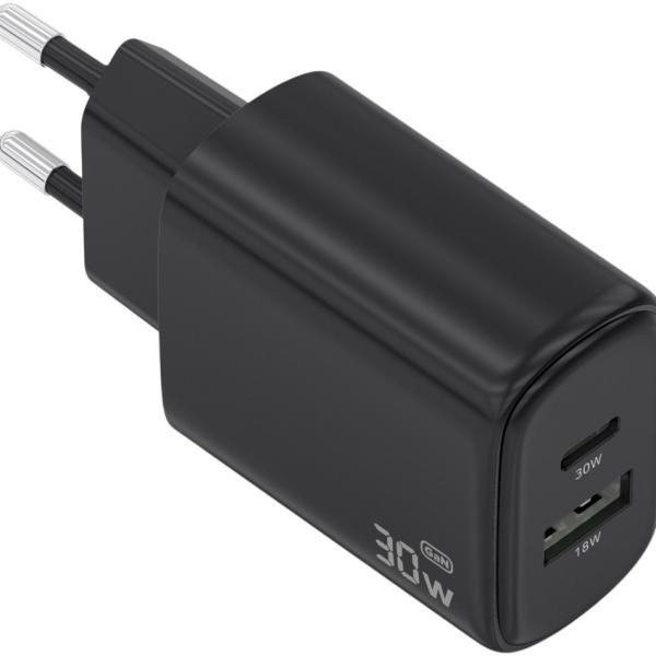 Carregador GaN 30W 1x USB - C PD3.0 QC4.0 + 1x USB - A QC3.0 (Preto) - AISENS