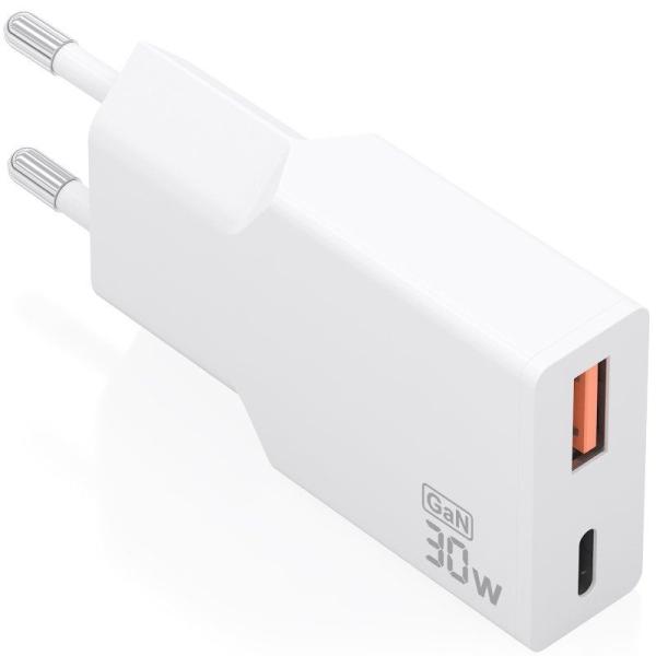 Carregador GaN Ultrafino 30W USB - C PD3.0 QC4.0 + USB - A QC3.0 (Branco) - AISENS