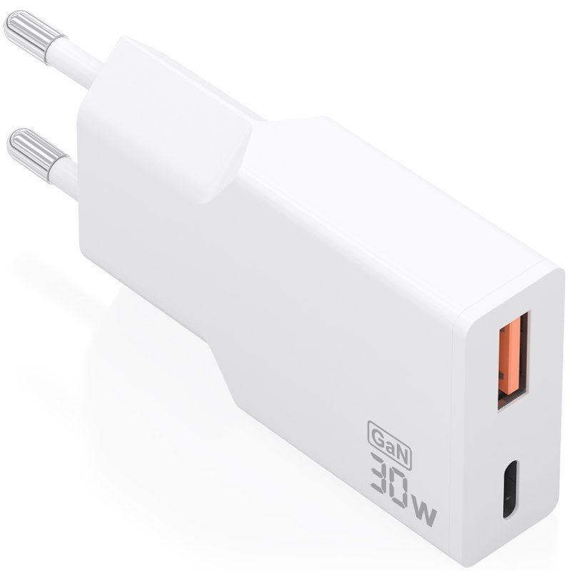 Carregador GaN Ultrafino 30W USB - C PD3.0 QC4.0 + USB - A QC3.0 (Branco) - AISENS