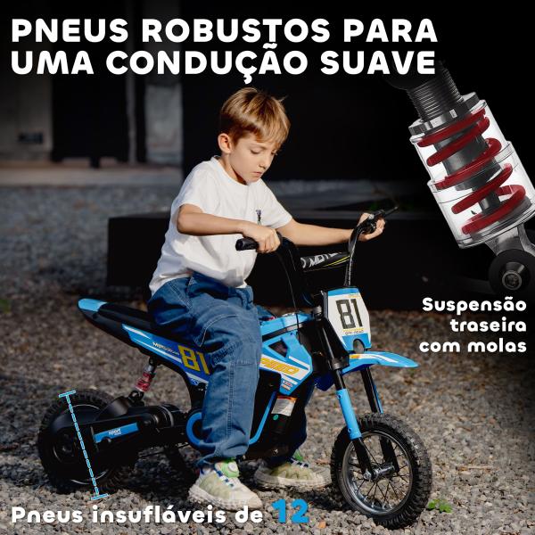 Mota Elétrica Infantil 24V 250W com Velocidade de 6 - 16 km/h Rodas Insufláveis de 30,5 cm e Suspensão para Crianças de 8 - 12 Anos Azul 119x64x76,5 cm