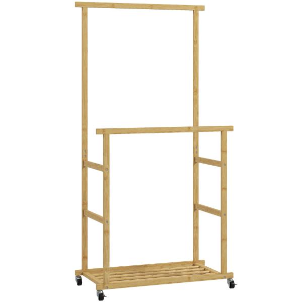 Charriot com Rodas de Bambu com Sapateira 2 Barras para Pendurar para Entrada Corredor Quarto 80x40x160 cm Madeira