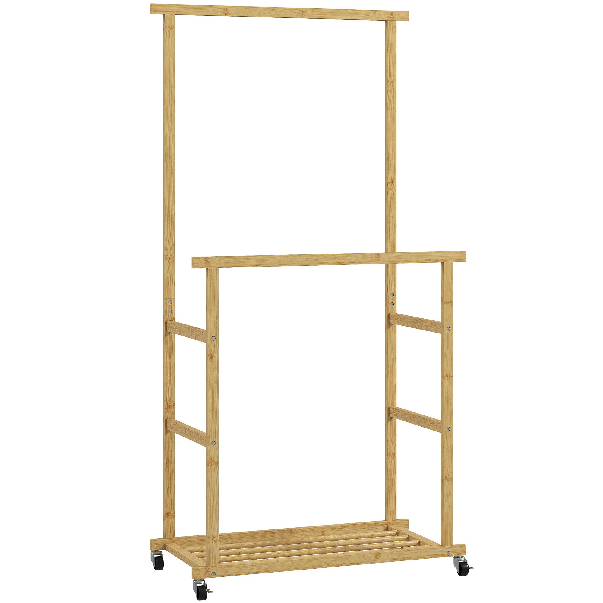 Charriot com Rodas de Bambu com Sapateira 2 Barras para Pendurar para Entrada Corredor Quarto 80x40x160 cm Madeira