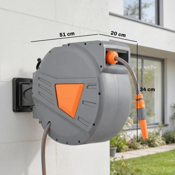 Carretel de Mangueira para Jardim 20+1,6 m com Bocal de 2 Modos Bloqueio Automático e Retracção Orientável 180° Laranja