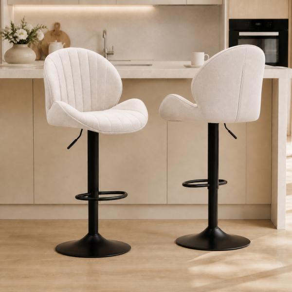 Conjunto de 2 Bancos de Bar Giratórios com Altura Ajustável 62 - 83 cm, Revestidos em Chenille, com Encosto e Apoio para os Pés, Bege