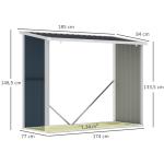 Abrigo para Lenha de Aço Galvanizado Abrigo de Armazenamento de Lenhas com Teto Inclinado para Jardim Terraço Exterior 185x84x133,5/148,5 cm Cinza