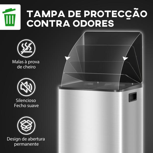 Balde de Lixo de Cozinha com 2 Compartimentos 2x30L Pedal Fechamento Suave e Cubo Amovível Prata